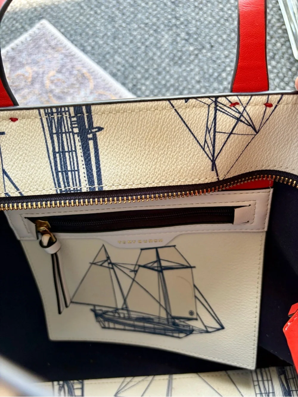 Tory Burch ‘Kerrington’ Small Nautical Ship Print Tote Orange-Red Trim & Strap